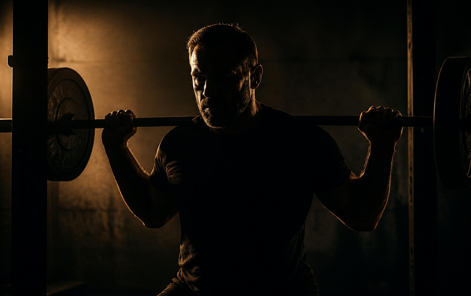 Silhouette of a man lifting a barbell in a dark gym